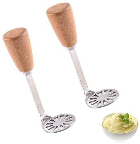 2 pcs Small Potato Masher Multifunctional Stainless Steel Masher for Mashing Baby Food & Vegetable with Wooden Handle Cooking and Kitchen Gadget