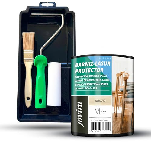 JOVIRA PINTURAS Barniz Lasur Protector Mate al Agua y Kit con Minicubeta, Rodillo de Espuma, Varilla y Paletina. (750 Mililitros, Incoloro + Kit Barniz-Lasur)