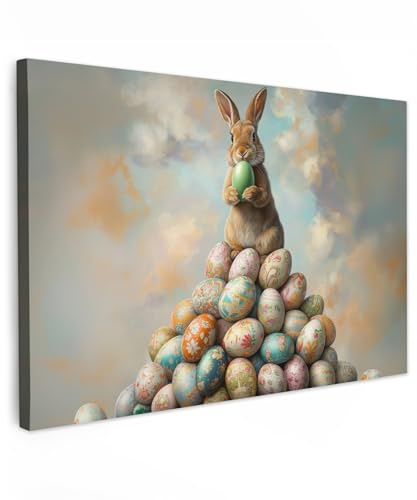 MuchoWow© Bild auf Leinwand Groß XXL Schlafzimmer Bilder Badezimmer Wand | 120x80 cm - Deko Wohnzimmer Modern Wanddeko Bilderwand Geschenk Hase - Eier - Farbenfroh