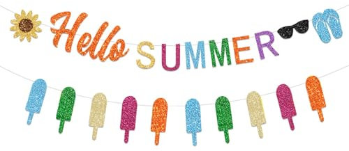 Hello Summer Banner, Sommer Party Dekoration, Hawaii Party Banner, BeachParty Deko, Geeignet für Geburtstagsdekorationen mit Sommer-, Strand- und Hawaii-Pool-Thema(B)
