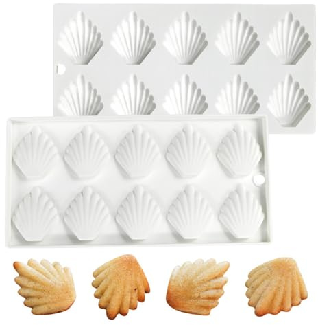 DUBENS Moule en silicone 3D pour Madeleine Mousse en forme de coquillage – 10 cavités pour desserts français, confiseries au chocolat, idées de biscuits et de gâteaux au look élégant et structure fine