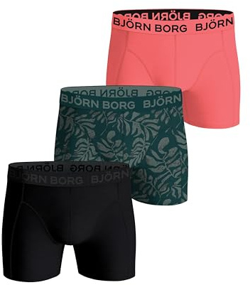 Björn Borg Men's Cotton Stretch Boxers (3-Pack) – Soft, Breathable Underwear with Comfort Waistband (UK, Alpha, L, Regular, Regular, Pink/Green Leaf Print/Black)