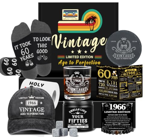 60th Birthday Gifts for Him, Happy 60th Birthday Decorations for Men | 60 Year Old Gifts for Man Who Have Everything, 1966 Birthday Gift Baskets for Men Whiskey Glass Baseball Cap Socks Stones