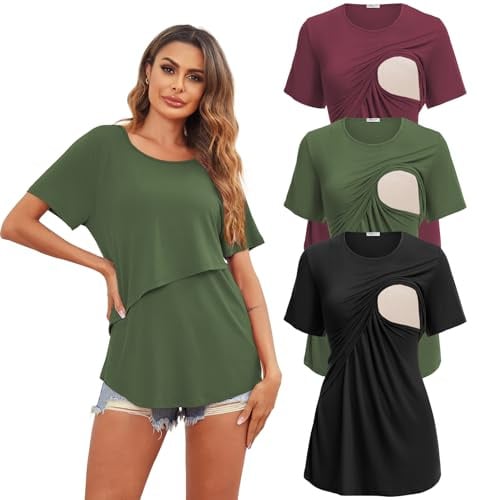 Ekouaer amningströja, modal, mammamode, 3-pack, mjuk, kortärmad, sommar, amnings-t-shirt, amningstoppar, damer, amningstopp för gravida kvinnor, Grön + röd + svart, M