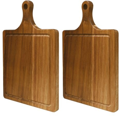 Sixfolo 2 Piezas Tabla de Cortar Madera Acacia con Mango y Ranura de Jugo | Pequeña Tabla de Servir Madera 29x20x1.5cm,Mini Tablero Cortar Cocina para Carne,Pizza,Queso,Pan,Verduras