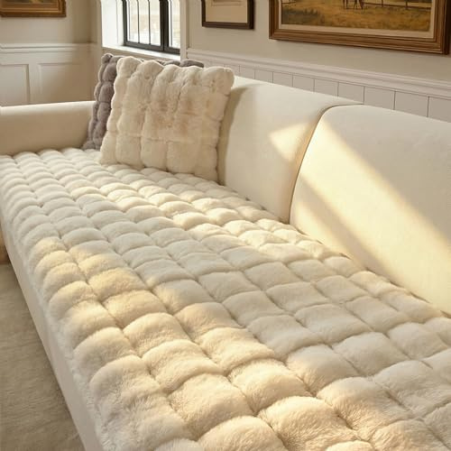OHSIO Sofa Überzug aus Kunstfell in Kaninchen-Optik, Rutschfester Couch Überzug für 1–4 Sitzer, superweicher Sofabezug, waschbar & haustierfreundlich(Weiß, 70x150cm)
