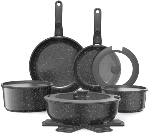 YASHE Pentole induzione 15 pezzi, atossiche, senza PTFE e PFAS | Tegame con Coperchio, Batteria da Cucina Antiaderenti in Granito, Salvaspazio Impilabile, Per Casa e Camper