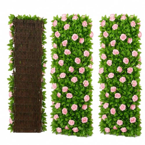 Garden Trellis with Leaves, Expanding Garden Trellis Panels, Artificial Trellis Screening with Ivy and Violet Flower, Artificial Ivy and Violet Flower Fence Screening (Roses*2)