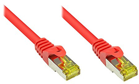 Good Connections RJ45 Ethernet LAN Patchkabel mit Cat. 7 Rohkabel und Rastnasenschutz RNS, S/FTP, PiMF, halogenfrei, 500MHz, OFC, 10-Gigabit-fähig (10/100/1000/10000-Base-T Ethernet Netzwerke) - z.B. für Patchpanel, Switch, Router, Modem - rot, 1 m