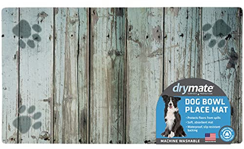 Drymate Pet Bowl Placemat, Dog & Cat Food Feeding Mat - Absorbent Fabric, Waterproof Backing, Slip-Resistant - Machine Washable/Durable (USA Made) (16” x 28”) (Distressed Wood Green)
