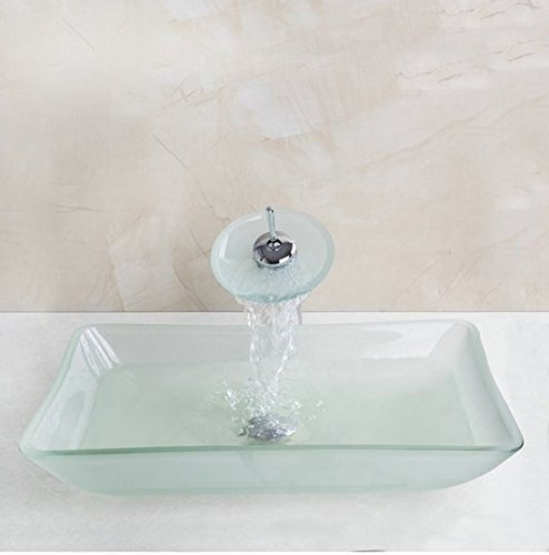 Gowe B0029 Glas Waschbecken Set quadratische Transparente Waschbecken aus Sekuritglas und Wasserfall Bad Wasserhahn