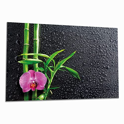 Wallario Herdabdeckplatte/Spritzschutz aus Glas, 1-teilig, 80x52cm, für Ceran- und Induktionsherde, Bambus und Pinke Orchidee auf schwarzem Glas mit Regentropfen