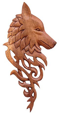 Windalf Wikinger Holz Wolfs-Kopf Wandskulptur YURI 40 cm Nordische Wandfigur Holzkunst Handarbeit