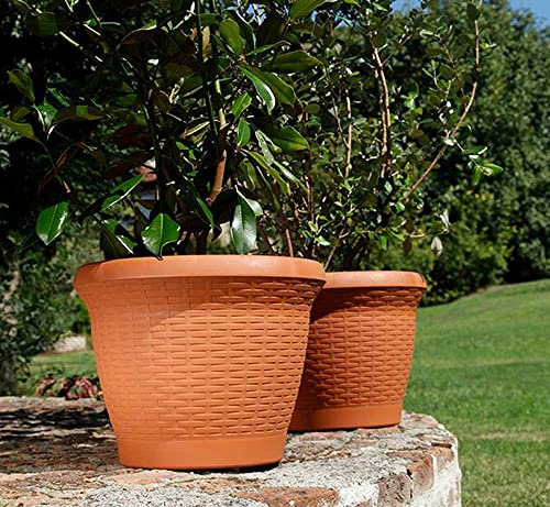 Maceta Redonda Plástico, 42 cm. diámetro, Set 2 Unidades, Efecto Mimbre, Macetero 25 litros (Terracota)