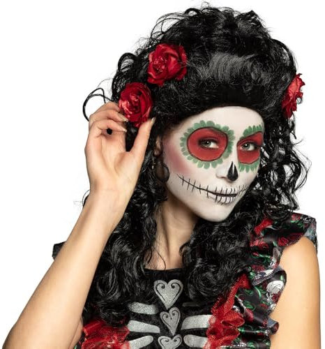 Boland 85606 - Perücke Catrina, langes Kunsthaar mit Blüten, Langhaar-Frisur, Dia de los Muertos, Kopfbedeckung, Kostüm, Karneval, Mottoparty, Halloween