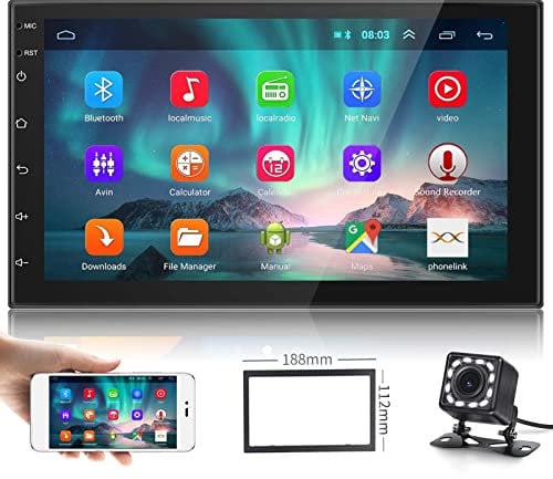Podofo Doppel Din Android 9.1 Autoradio mit Bluetooth Freisprecheinrichtung 4.0/ USB/ WiFi/ GPS/ Mirror Link MP5/ SD/ FM/ AUX/SWC das mit Rückfahrkamera (12 Lichter) für Android/IOS