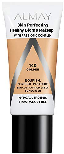 Almay Skin Perfecting Healthy Biome Foundation Makeup with Prebiotic Complex SPF 25, Hypoallergenic, Fragrance Free, 140 Golden, 1 fl. oz.