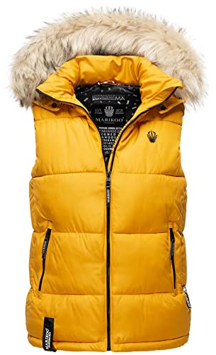 MARIKOO Damen Winter Weste Steppweste mit Kapuze und Fellkragen B896