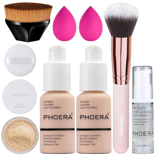 PHOERA Foundation,PHOERA Primer, PHOERA Puder,Concealer Cover Flüssigmatt Full Coverage, Make Up Foundation Pinsel and Puder Pinsel, Make up Schwamm Set (2PCS #101 Porcelain)