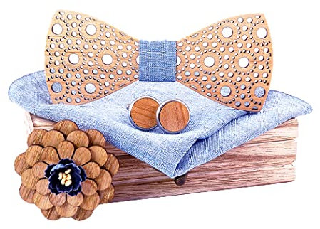 HZQIFEI Noeud Papillon Bois, Ensemble 4 Pièces Noeud Papillon en Bois + Boutons de manchette + Broche + Carré de Poche, Accessoire Mode (Style#11)