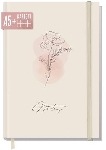 paper&you® Notizbuch A5+ kariert mit Gummiband Dainty Flower 156 Seiten, 78 Blatt, als Bullet Journal, Tagebuch, Notizheft - nachhaltig & klimafreundlich