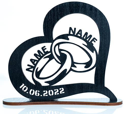 Waluna® Hochzeitsgeschenk Eheringe Liebesgeschenk personalisiert mit Namen und Datum Herz Individuelles Geschenk zur Hochzeit oder zum Jahrestag 12 Farben Tischdeko (Ohne Teelichthalter)