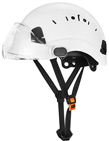 Verstellbarer Schutzhelm ANSI Z89.1 genehmigt, ABS, bequemer Helm mit klarem, einziehbarem Visier, 6-Punkt-Gurt für Bau, Industrie, Outdoor (Weiß ohne reflektierende Aufkleber)