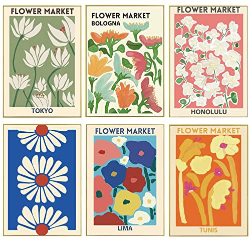 Qpout 6-teiliges Blumenmarkt-Poster Matisse Wandkunstdrucke, ästhetische Poster für dänische Pastellfarben, Raumdekoration, Wohnzimmer, Schlafzimmer, Badezimmerdekoration (20 x 25 cm)