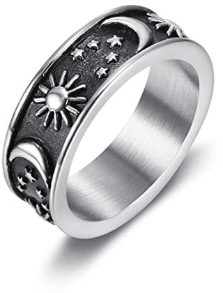 XJruixi Retro 316L Stainless Steel Sun Moon Star Couple Ring for Men Women Punk Hip Hop Simple Star Moon Sun Ring Fashion Jewelry Gift