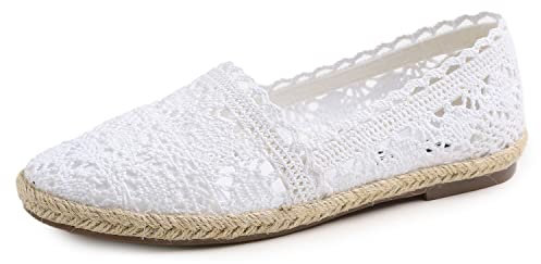 Feversole Round Toe Crochet Jute Balle, Ballett-Häkelflatschen Bequeme und atmungsaktive Schuhe für Frauen Weiß Stricken Häkeln Jute Größe 41 EU