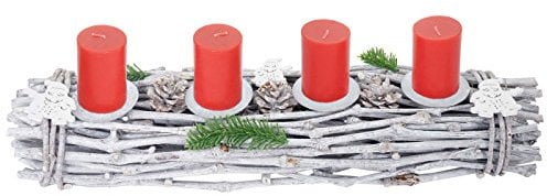 Adventskranz-AM länglich, Weihnachtsdeko Adventsgesteck, Holz 60x16x9cm weiß-grau - mit Kerzen, rot