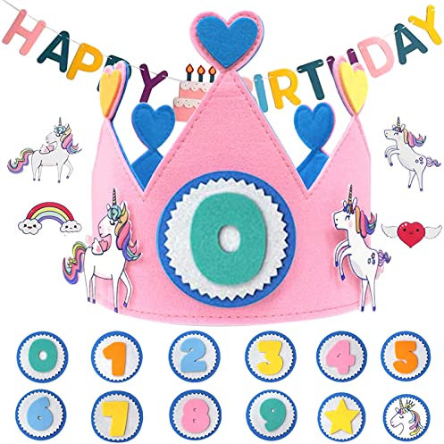 FATCAT Einhorn Geburtstagskrone Mädchen, Krone Geburtstag Auswechselbaren Zahlen von 0-9, Geburtstagsdeko Kinder Partyhüte und Banner, für Kinder Geburtstagsfeiern