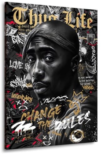 Kunstgestalten24 | Thug Live Style Rap Musik Pop Art Modern Bild auf Leinwand | Leinwandbilder XXL Wohnzimmer | Leinwandbild Shakur | Bilder | Bild Leinwand XXL | 60x80x4cm