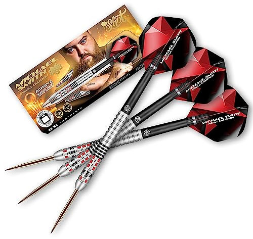 Shot! Steel Darts Michael Smith Bully Boy Achieve Matchdart 90% Tungsten Steeltip Darts Steeldart Hochwertige Tungsten Dartpfeile Set mit Schäften und Flights Made in Neuseeland (22 Gramm)