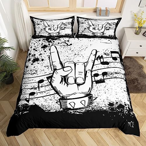Homewish Rock Music Duvet Cover Double Musical Theme Bedding Set, Music Notes Print Comforter Cover Black and White Bed Set, Grunge Vintage Retro Bedding Rock Popstar Musician Bedroom Decor