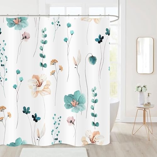 BIVINAR Teal Orange Watercolor Floral Shower Curtain 72 x 72 Inch, Waterproof Fabric Minimalist Flower Bathroom Shower Curtains with 12 Hooks