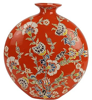 Fine Asianliving Vase Chinois Porcelaine Orange Fleurs Peint à la Main L32xP12xH34cm Chinois Vase avec Couvercle Asiatique Jingdezhen Mandarin Décorative