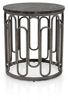 Furniture of America Davis Moderner runder Beistelltisch mit Marmorplatte, stabilen Metallbeinen und offenem Regal für Wohnzimmer, Wohnung, kleiner Raum, Schwarz