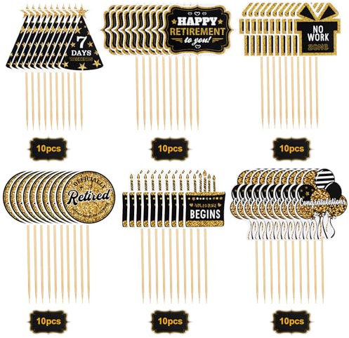60 Pcs Happy Retirement Cupcake Toppers, Gold Retired Cake Toppers Picks Retirement Cupcake Toppers Retirement Decoration Happy Birthday Cake Topper for Retirement Party Cake Decoration Party Supplies