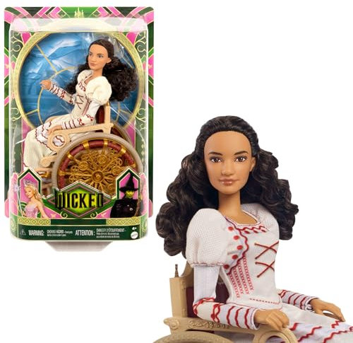 Mattel Wicked Nessarose-Modepuppe und Zubehör, einschließlich Rollstuhl, mit braunem, lockigem Haar, verschiedene Posen möglich und ausziehbarer Ballkleid-Look, HXY36