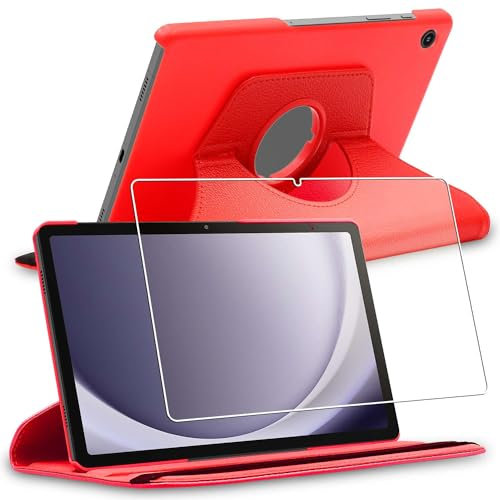ebestStar - Coque pour Samsung Galaxy Tab A9+ (2023) SM-X210, Etui Rotatif 360, Housse Protection PU Cuir, Rouge + Verre Trempé