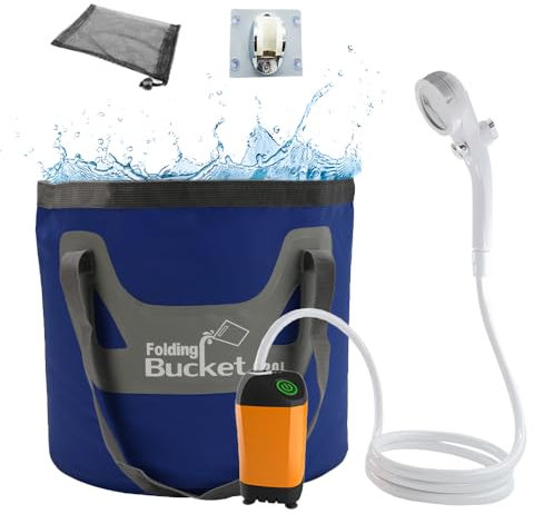 Portable Camping Shower with 20L Foldable Bucket, 7800 mAh Rechargeable Shower for Camping with LED Display Outdoor Electric Shower Pump for Hiking, Travel, Car, Pet