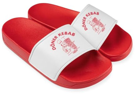 Tassenbrennerei Döner Kebab Badelatschen für Herren & Damen - Lustige Hausschuhe, Schlappen - Badeschuhe, Badeschlappen lustig (Rot, EU Schuhgrößensystem, Erwachsene, Numerisch, M, 45)