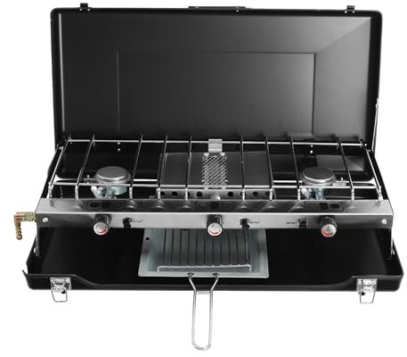 HarBin-Star Fornello a Gas, Griglia Pieghevole, Griglia a Gas Portatile 3 in 1, per Barbecue, Picnic, Campeggio, 56,5 x 30 x 34 cm