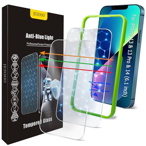 JESOHO Screen Protector for iPhone 16e/14/13/13Pro [6.1 Inch], Colorless Anti-Blue Light Tempered Glass Films, Eye Protection,9H Hardness, No Bubbles, Case Friendly Easy Installation Kit, 2 Pack