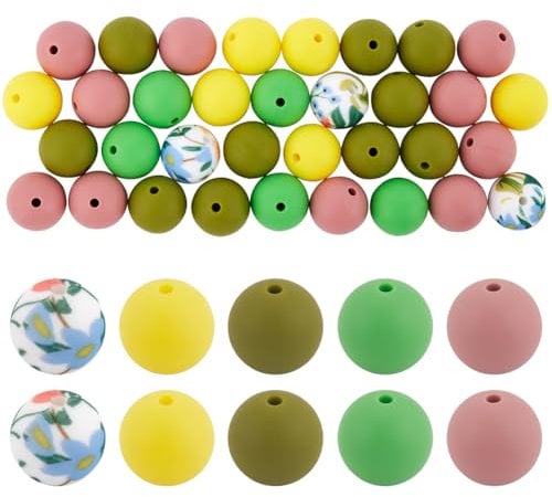 SOFPLATE 50Pcs 1 Box Green Silicone Bead 15mm Silicone Beads Bulk Large Rubber Forest Tree Pink Yellow Bubblegum Focal Loose Bead for jewellery Making Beaded Key Chain Friendship Party Diy Crafting
