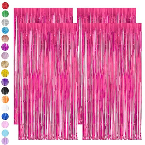 Hot Pink Tinsel Curtain Party Backdrop,4pcs 3.2ft x 6.5ft Foil Curtain Decor,Hot Pink Foil Fringe Streamers Metallic Tinsel Door Hanging Foil Flow Silk Streamers for Birthday Wedding Holiday Party