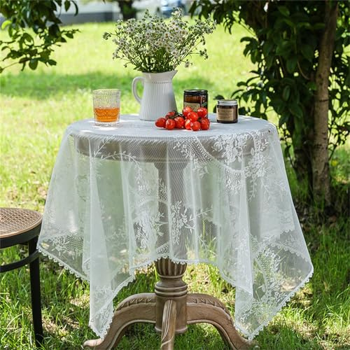 champracer Spitzentischdecke, Boho Vintage Weißer Blumen Stickerei Spitze Tischdecke, Rund Polyester Baumwolle Tischdecke für Garten Balkon Zuhause Hochzeit Festival Dekoration (90x90cm)
