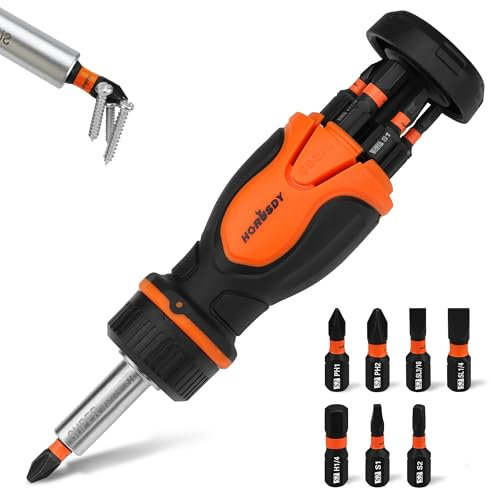 Multi 8-in-1 Magnetic Adjustable Ratchet Screwdriver Set: Mini Short Screwdrivers Set with 7 S2 Steel Bits, All-in-One Design with 6 Bits Housed in Handle