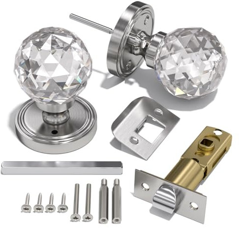 Bwintech 1 par Crystal níquel cepillado pomos de las puertas, 65mm Palace Style Crystal pomos de las puertas interiores con el kit para baño, dormitorio, pasillo